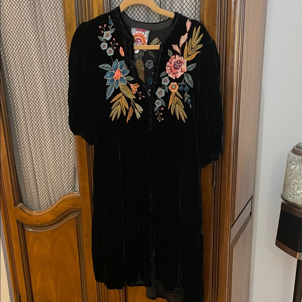 Johnny Was Black velvet Dress with Floral Embroidery elbow length sleeves.